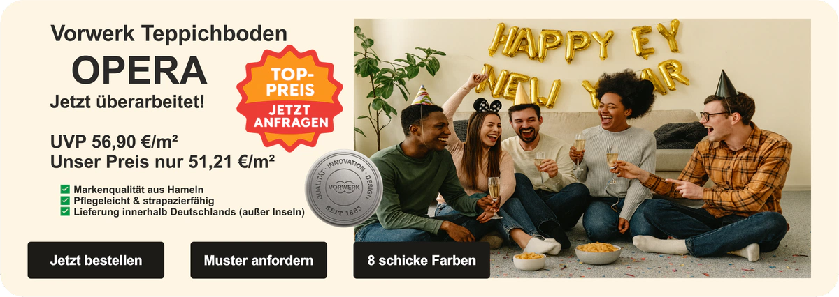 Vorwerk Teppichboden Opera in modernem Wohnzimmer mit Partystimmung